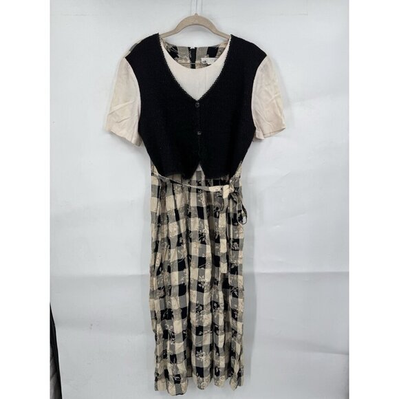 Vintage‎ Allison Che Midi Dress Women 12 Tan Black Pilgrim Peasant Farm House - Picture 2 of 12